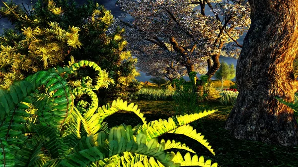 Фруктовий сад вчасно, на початку весни — стокове фото