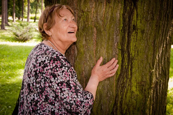 stock image Happy senior woman in forest