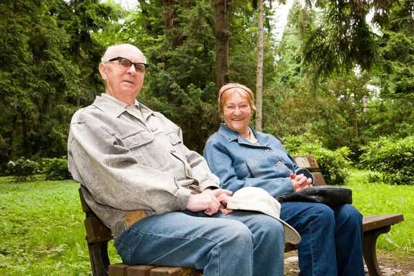 Glada äldre par i parken — Stockfoto