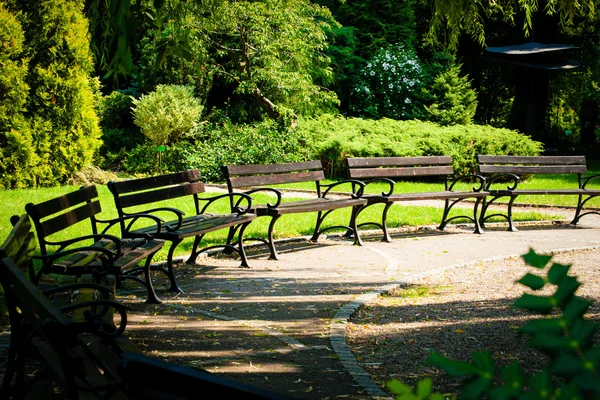 Bench in the park at sunset — Stock Photo, Image