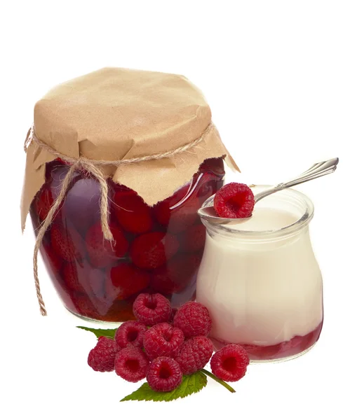 Raspberry jam in a jars and fresh berries — Stock Photo, Image