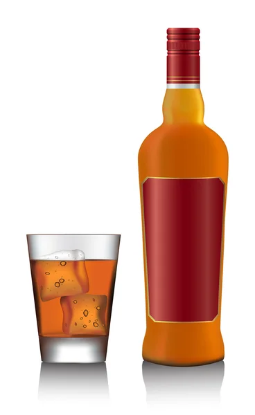 Botella y vaso de whisky escocés y hielo — Vector de stock
