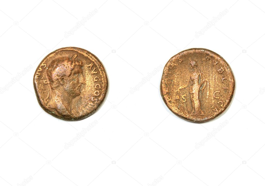 Ancient Roman coin on a white background. Emperor Hadrian and allegory of the civic pax