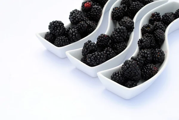 Juicy blackberries into shaped dishes, on white background soft shadows — Stock Photo, Image