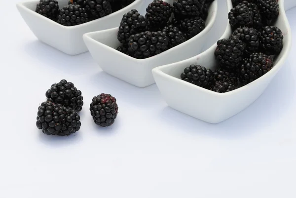 Juicy blackberries into shaped dishes, on white background soft shadows — Stock Photo, Image