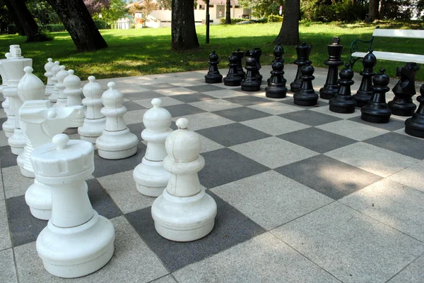 Большой шахматный сет в парке со скамейками — стоковое фото