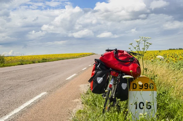 Bicycle and sunflowers in Burgundy — Stock Photo, Image