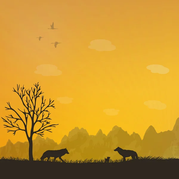 Uma família de lobos ao pôr-do-sol — Vetor de Stock
