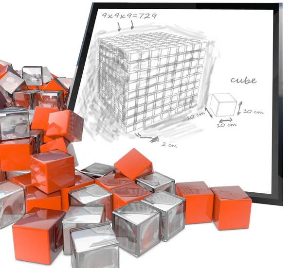 Quadro com desenho e cubos coloridos — Fotografia de Stock