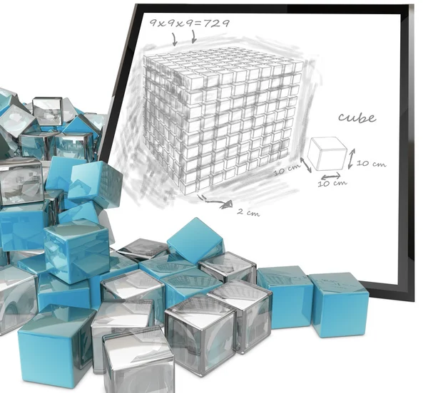Quadro com desenho e cubos coloridos — Fotografia de Stock