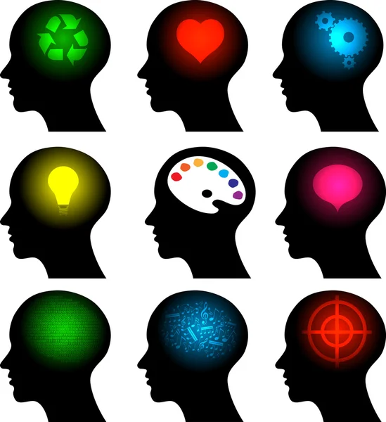 Conjunto de ícones de cabeça com símbolos de ideia — Vetor de Stock
