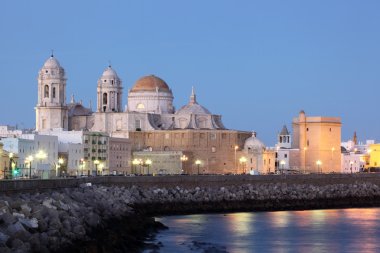 Cathedral in Cadiz illuminated at dusk, Andalusia Spain clipart