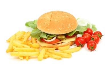 Closeup of a fresh cheeseburger with fries clipart