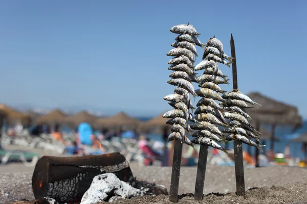 Sardinhas na grelha em um restaurante de praia de frutos do mar. Costa del Sol, Andaluzia Espanha — Fotografia de Stock