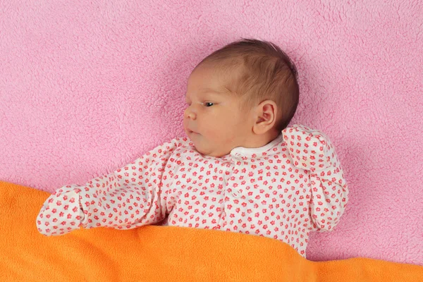 Portrait of newborn baby girl on pink blanket — Stock Photo, Image