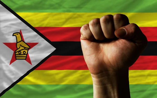 Poing dur devant le drapeau zimbabwe symbolisant le pouvoir — Photo
