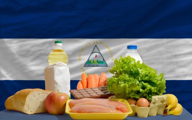 Basic food groceries in front of nicaragua national flag