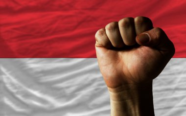 Hard fist in front of indonesia flag symbolizing power clipart