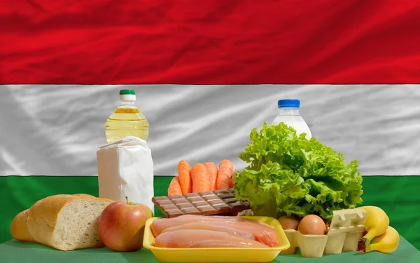 Produits alimentaires de base devant le drapeau national hongrois — Photo