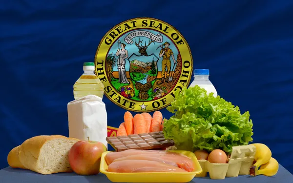 Basic food groceries in front of idaho us state flag — Stock Photo, Image
