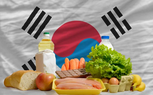 Abarrotes de alimentos básicos frente a la bandera nacional de Corea del Sur — Foto de Stock