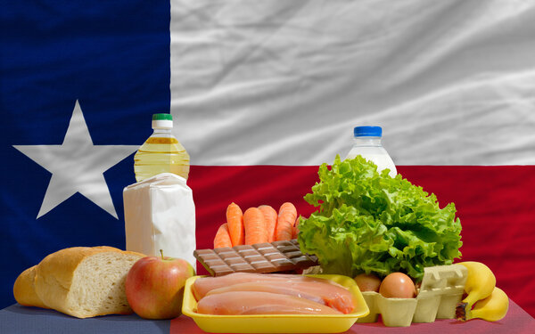 Basic food groceries in front of texas us state flag