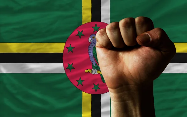 Жесткий кулак перед флагом Доминики символизирует власть — стоковое фото