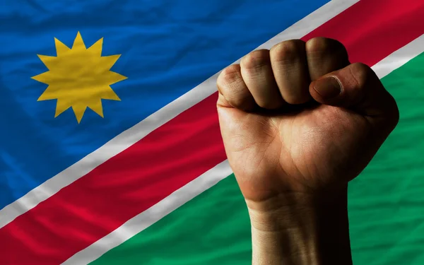 Hårda näve framför Namibias flagga symboliserar makt在纳米比亚国旗象征着权力的硬拳头 — 图库照片