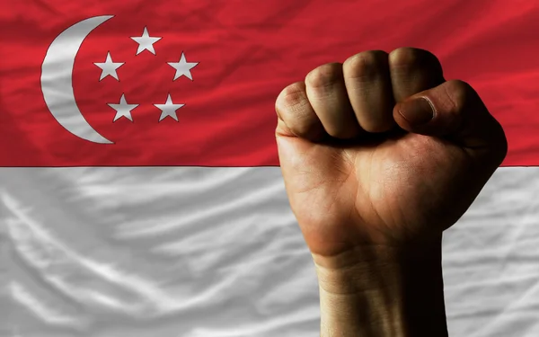 Pugno duro davanti alla bandiera singapore che simboleggia il potere — Foto Stock