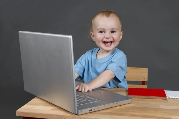 Dítě s přenosný počítač v šedém pozadí — Stock fotografie