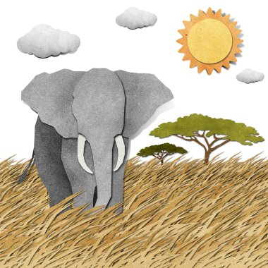 Elephant in Safari field recycled paper background clipart