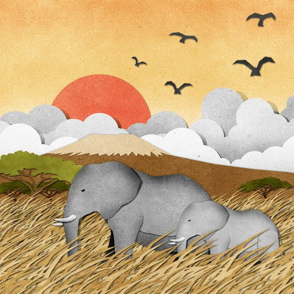 Elephant in Safari field recycled paper background — Stock Photo, Image