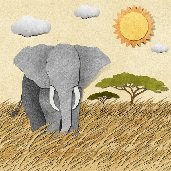Elephant in Safari field recycled paper background — Stock Photo, Image