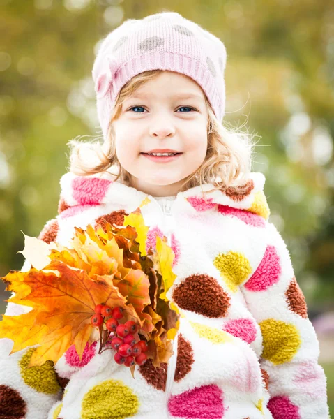 Criança com um monte de folhas de bordo — Fotografia de Stock