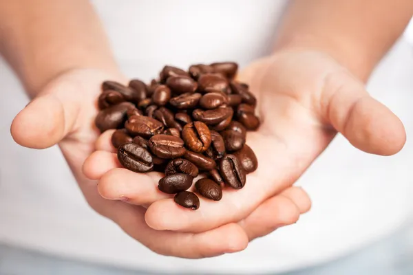 Кофейные зерна в руках у детей — стоковое фото