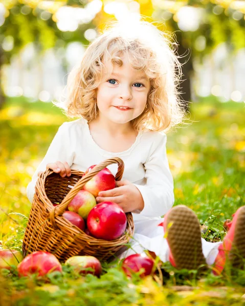 Ребенок с корзиной яблок — стоковое фото