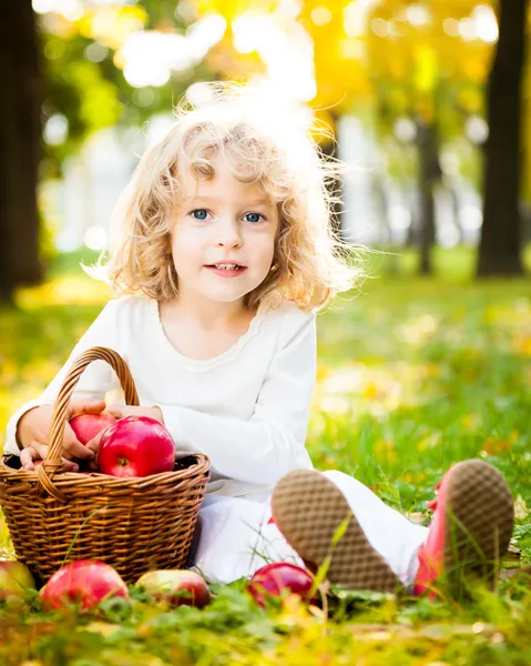 Criança com cesta de maçãs no parque de outono — Fotografia de Stock
