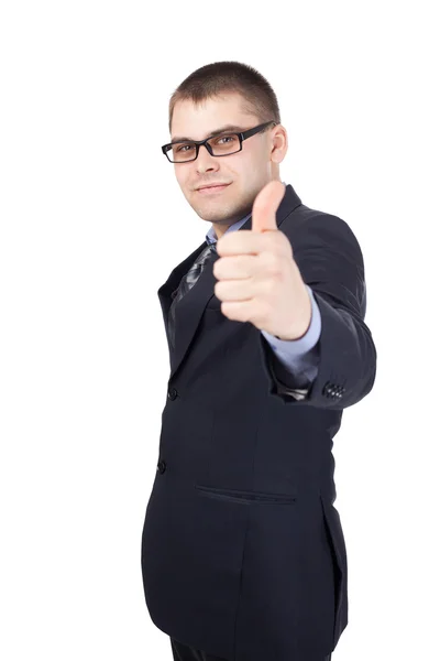 Glimlachend gelukkig jonge zakenman hand maken duimen omhoog geïsoleerd op — Stockfoto