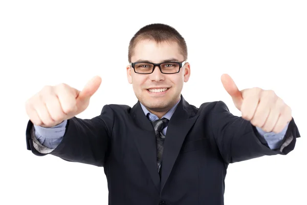 Sorrindo feliz jovem homem de negócios mãos fazer polegares isolados em — Fotografia de Stock