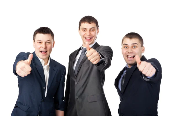 3 人の若いビジネス男性笑いと登録して親指を与える — ストック写真