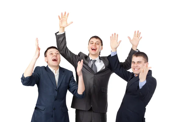 Giovani imprenditori di successo alzando le mani isolati su bianco — Foto Stock
