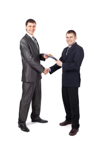 Handshake obchodních partnerů, při podepisování dokumentů, samostatný — Stock fotografie