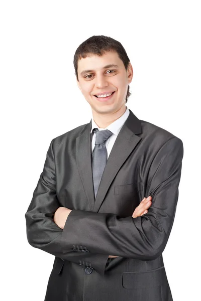 Junger lächelnder Geschäftsmann isoliert auf weißem Hintergrund Stockbild