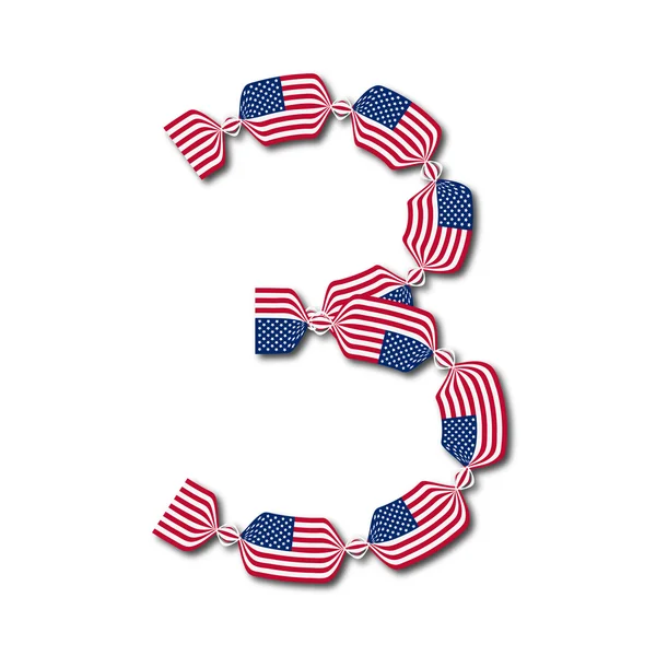 Numéro 3 fait de drapeaux américains sous forme de bonbons — Image vectorielle