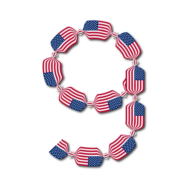 Number 9 made of USA flags in form of candies — Stock Vector