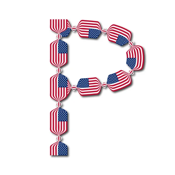 Letra P hecha de banderas de Estados Unidos en forma de caramelos — Vector de stock
