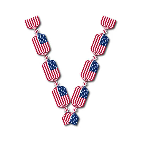 Carta V hecha de banderas de Estados Unidos en forma de caramelos — Vector de stock
