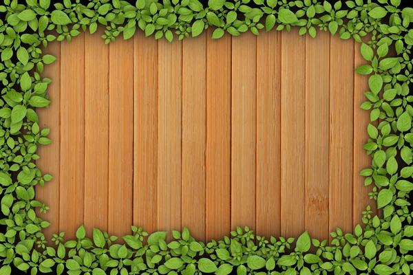 Fából készült háttér zöld növény kerettel — Stock Fotó