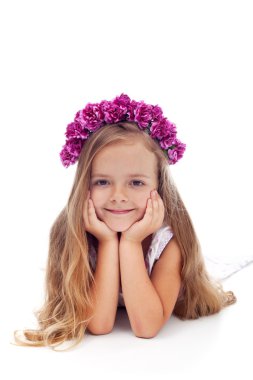 Little girl with pink violet floral wreath clipart