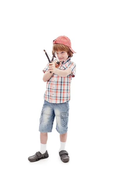 Young boy with sling aiming — Stock Photo, Image